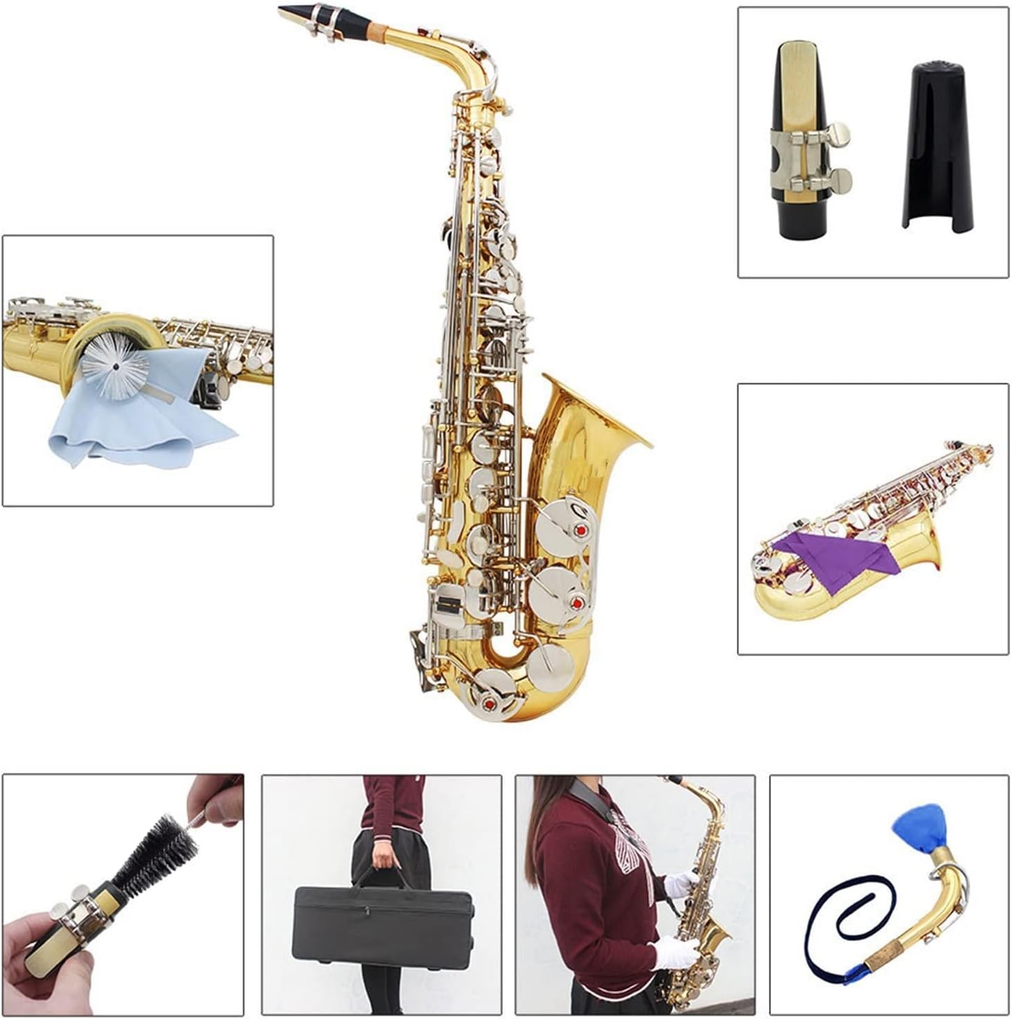 Alto Saxophone Sax Glossy Brass Engraved EB E-Flat Natural White Shell Button Wind Instrument