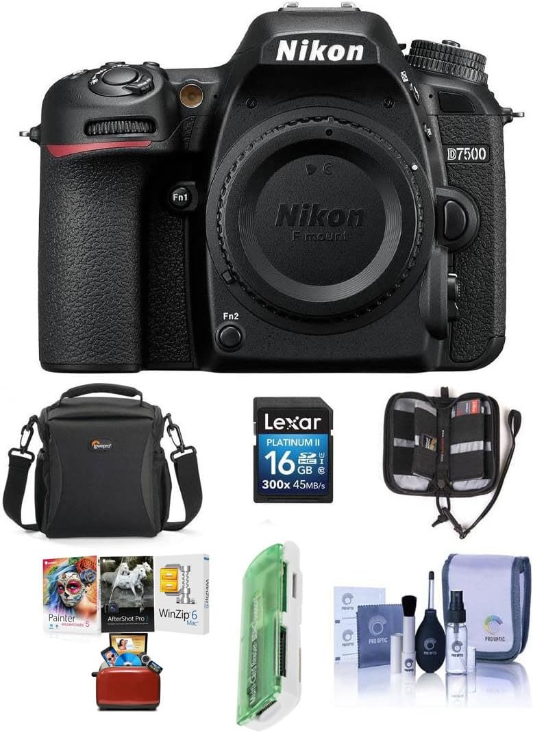 Nikon D7500 DX-format Digital SLR Camera Body, Black - Bundle With 16GB SDHC Card, Camera Bag, Cleaning KIt, Memory Wallet, Card Reader, Mac Software Package