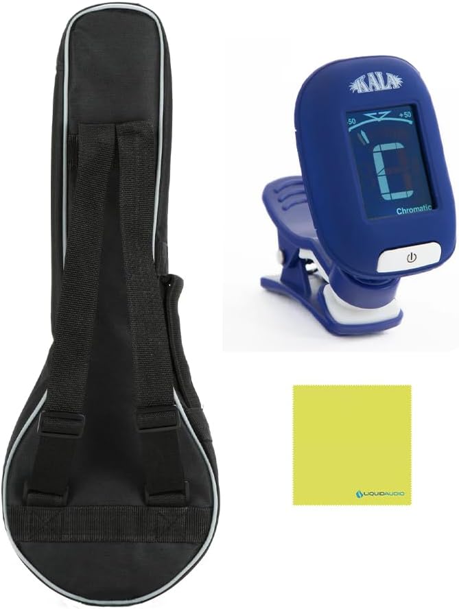 Kala Banjo Concert Ukulele with Bag, Natural Mahogany Bundle with Kala Klipz Tuner in Blue and Liquid Audio Instrument Polishing Cloth - Kala KA-BNJ-MHG-C Model