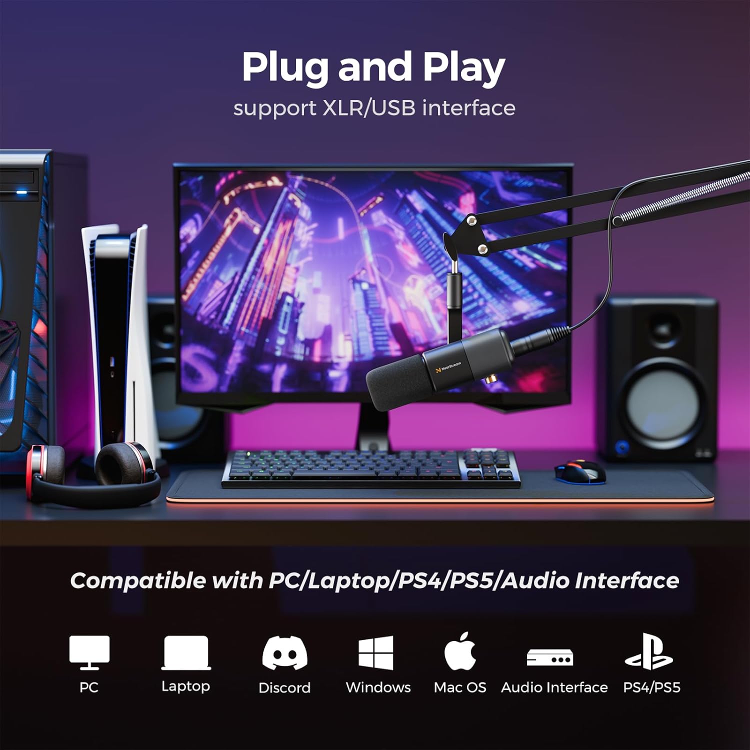 NearStream AM20X XLR/USB Condenser Microphone with Boom Arm, Podcast Mic with Gain Control/Noise Canceling/Headphone Jack/Mute Button,Compatible with PC/Mac/Audio Mixer/PS4/PS5,for Stream/Game/Record