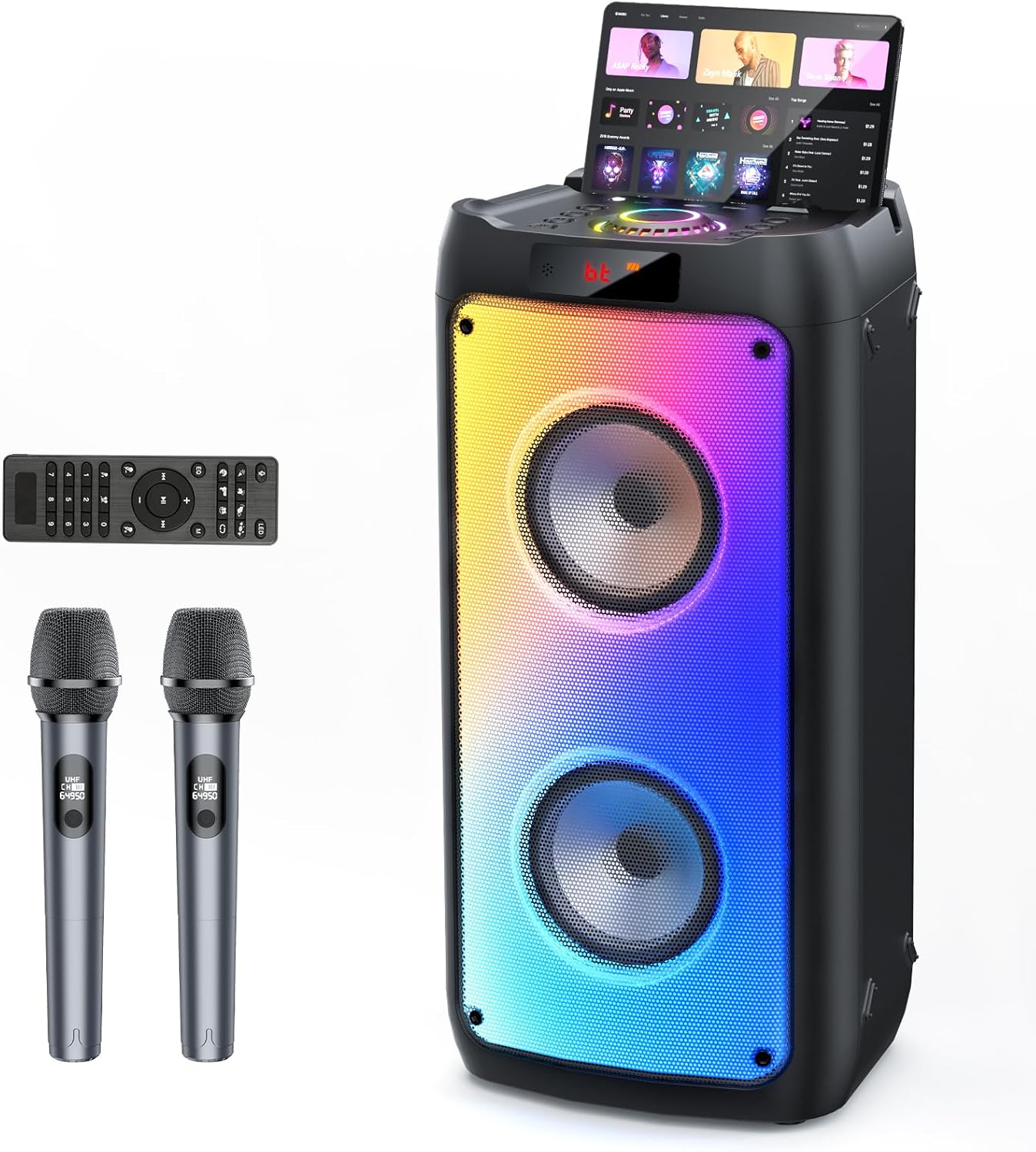 Karaoke Machine with 2 Wireless Microphones, Portable Bluetooth Speaker for Adults & Kids, Big Party PA System with Disco Lights for Gatherings, Stage Monitors, The Best Gifts for All