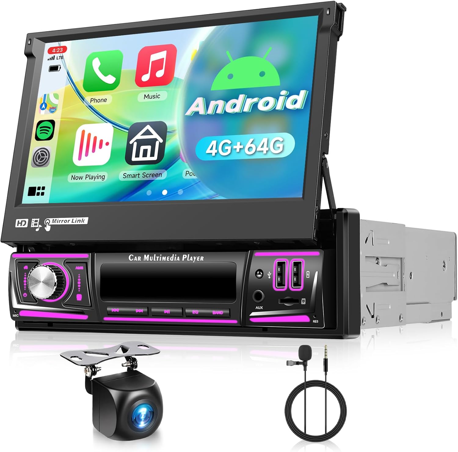 4G+64G Android Car Stereo Single Din with Foldable Touchscreen Wireless Carplay&Android Auto, Driauto 7 Inch Flip Out Screen Car Radio GPS Navi WiFi Bluetooth FM/RDS DSP/USB/Mirror Link Backup Camera