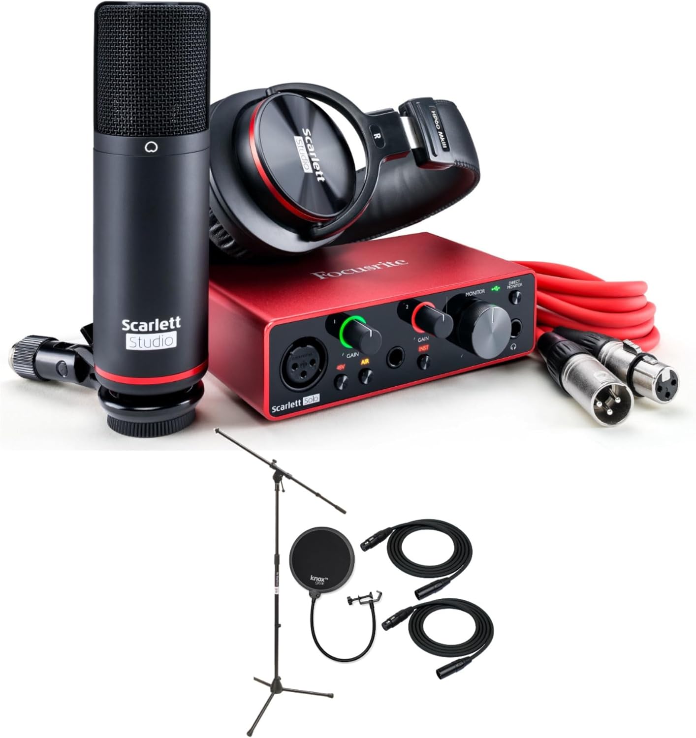 Focusrite Scarlett Solo Studio 3rd Gen USB Audio Interface and Recording Bundle with Boom Microphone Stand, Microphone Cables and Pop Filter (5 Items)