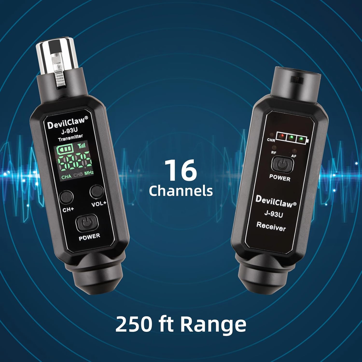 Multifunctional UHF Wireless XLR Adapter System,Transmitter & Receiver for Dynamic Microphones Guitar Mixer PA System, 16 Adjustable Frequencies, USB Charge, 250ft Range