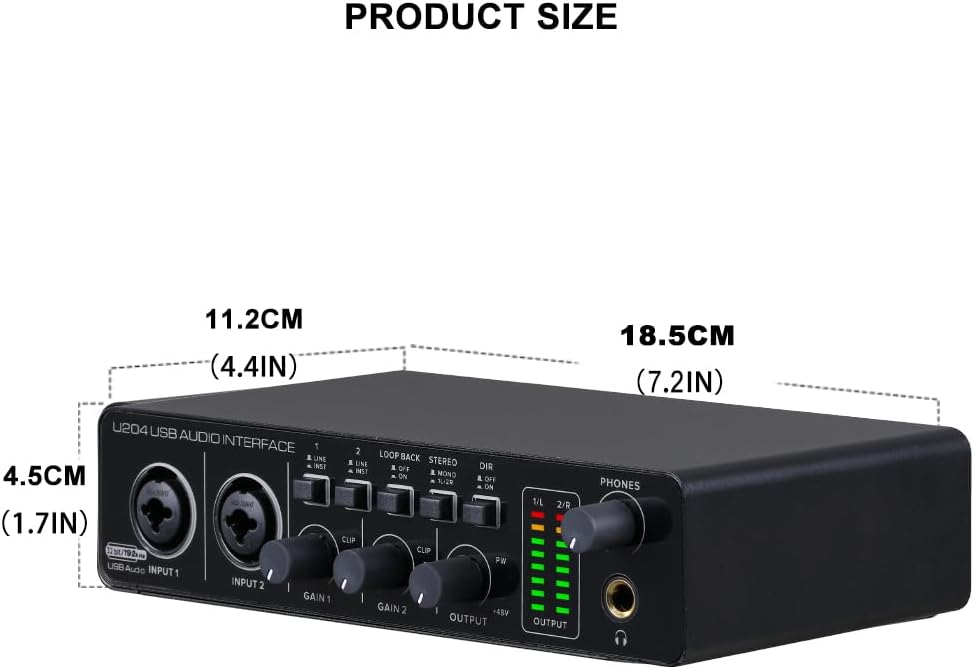 BOMGE U204 USB Audio Interface for PC Computer Recording Music, 2x2 Guitar Audio Interface for Mac 32Bit/192kHz Podcasting Streaming for Vocalist Producer with 48V Phantom