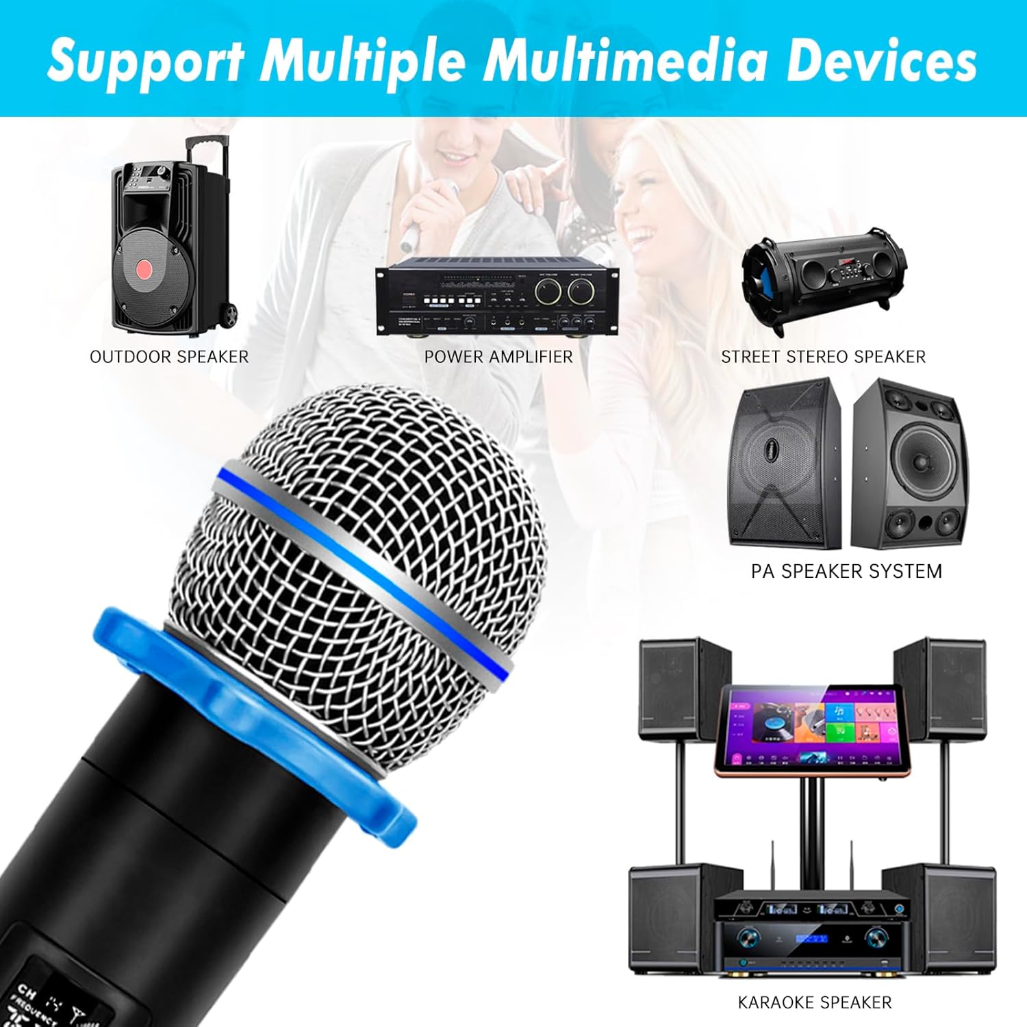 Pro Wireless Microphone System, 4-Channel UHF Wireless Mic, Cordless Mic with 4 Handheld Dynamic Microphones, 260ft Range, Microphone for Singing,Church,Karaoke,Party (410U-4 Handheld)
