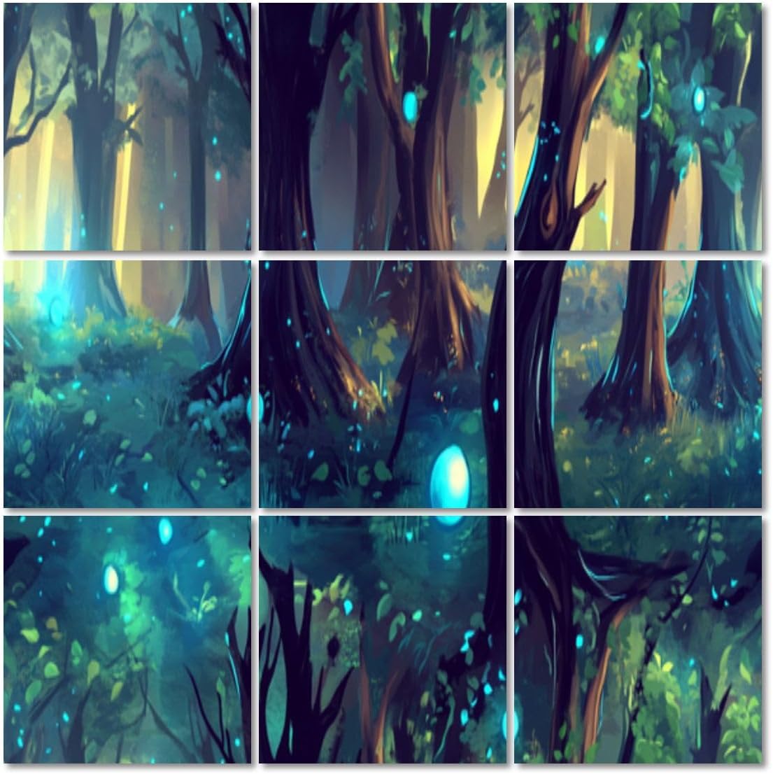 Art Acoustic Panels Self Adhesive Mystical Forest Art Print Deep Greens Rustic Browns Blues 9 Packs Decorative Soundproof Wall Panels Large Sound Absorbing Panels for Home Office 60