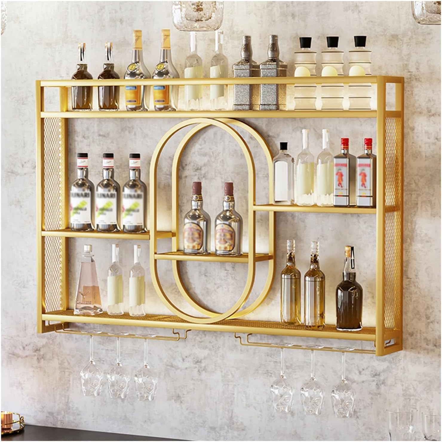 Modern Wall Mounted Wine Rack with Bottle Stemware Glass Holder,metal Hanging Wine Glass Holder,wall Mount Bottle Holder,wine Display Storage Rack for Kitchen Bar Wall Wine Racks ( Color : Gold , Size