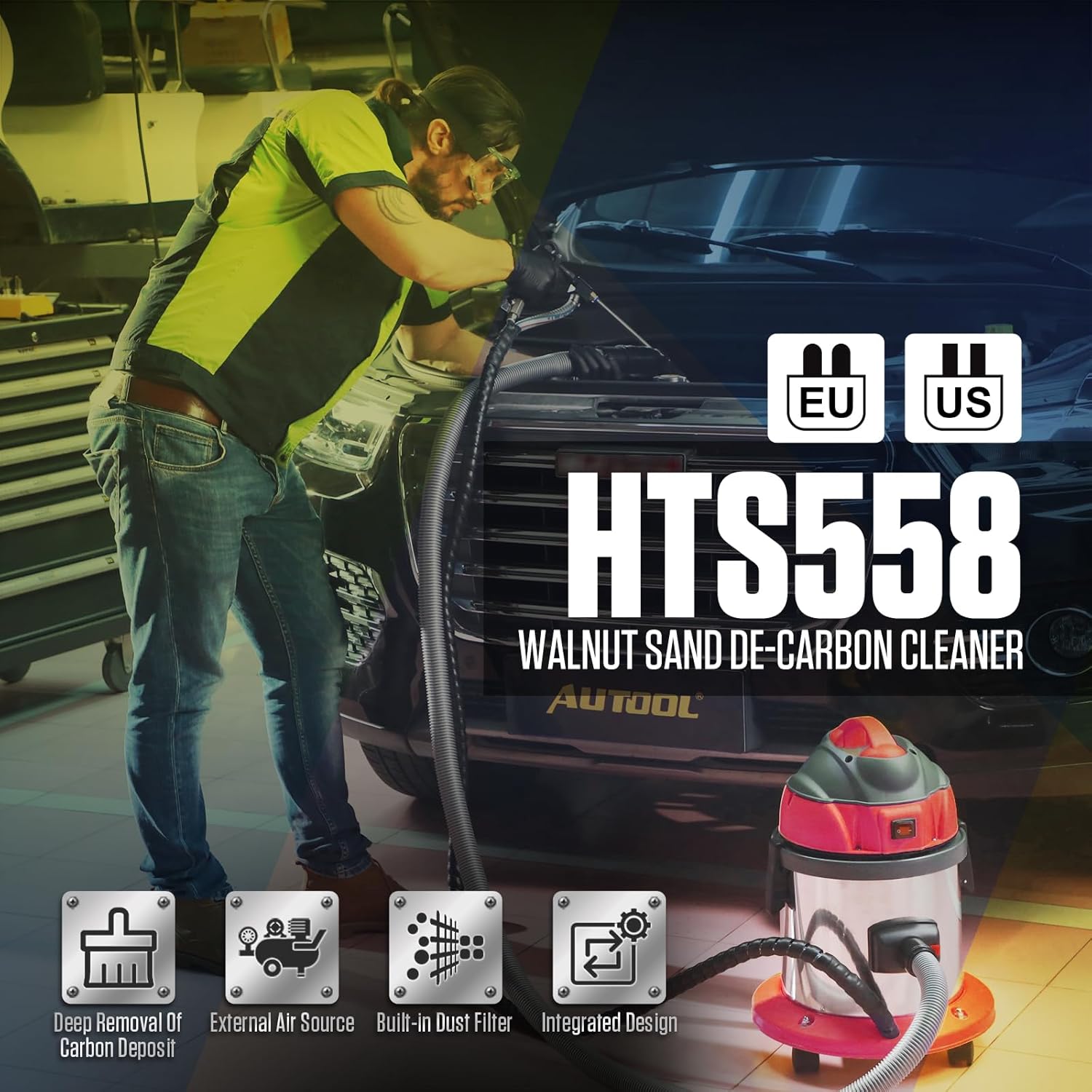 QPKING HTS558 Walnut Blaster Machine Kit,Engine Carbon Cleaner with Built-in Vacuum & Dust Filter,120PSI Desludging Tool for Intake & Exhaust Valve Cleaning,5 Adapters,2KG Walnut Sand,1200W,110/220V