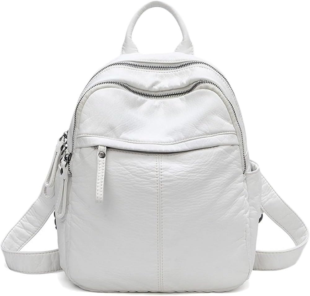 Soft Genuine Leather Backpack for Women, Lightweight Multi-Pocket Design, Simple Style Backpack Purse (White)
