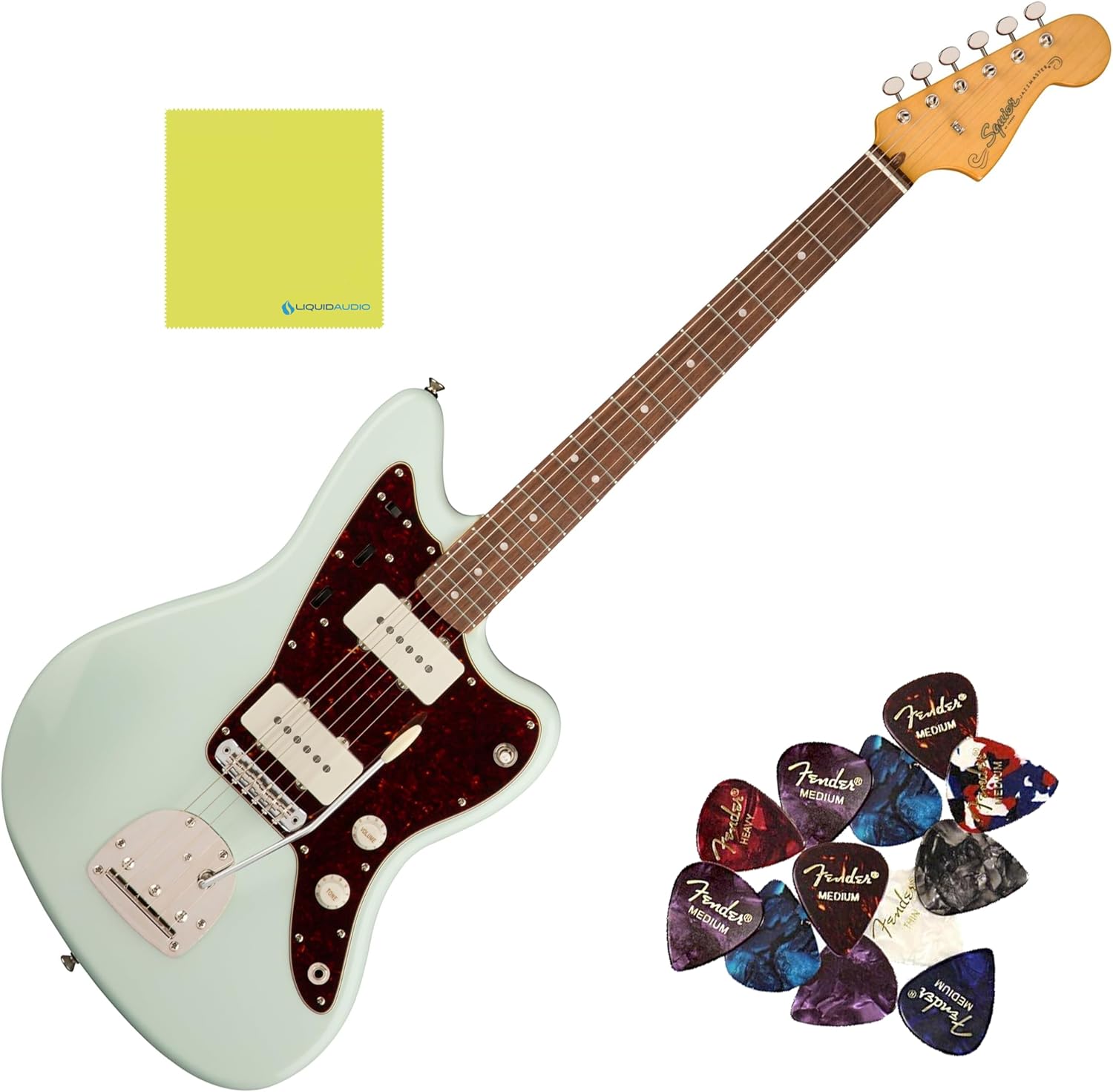 Squier Classic Vibe '60s Jazzmaster Electric Guitar Sonic Blue Bundle with 12x Guitar Picks & Polishing Cloth – Laurel Fingerboard, Vintage-Style Tremolo, Alnico Single-Coil Pickups