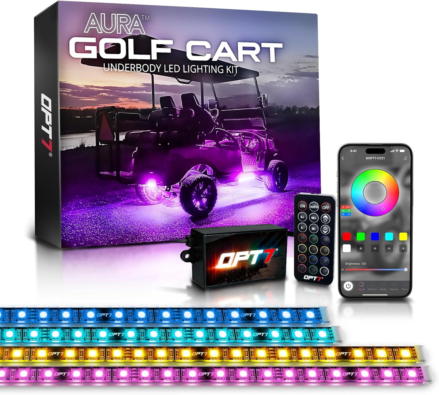 OPT7 12V Aura Golf Cart Underglow LED Light Strips with App & Remote Control, 4PC RGB Multi-Color Music Sync Decor Accessories, Waterproof Exterior Neon Accent Lighting Kit for EZGO Yamaha Club Car