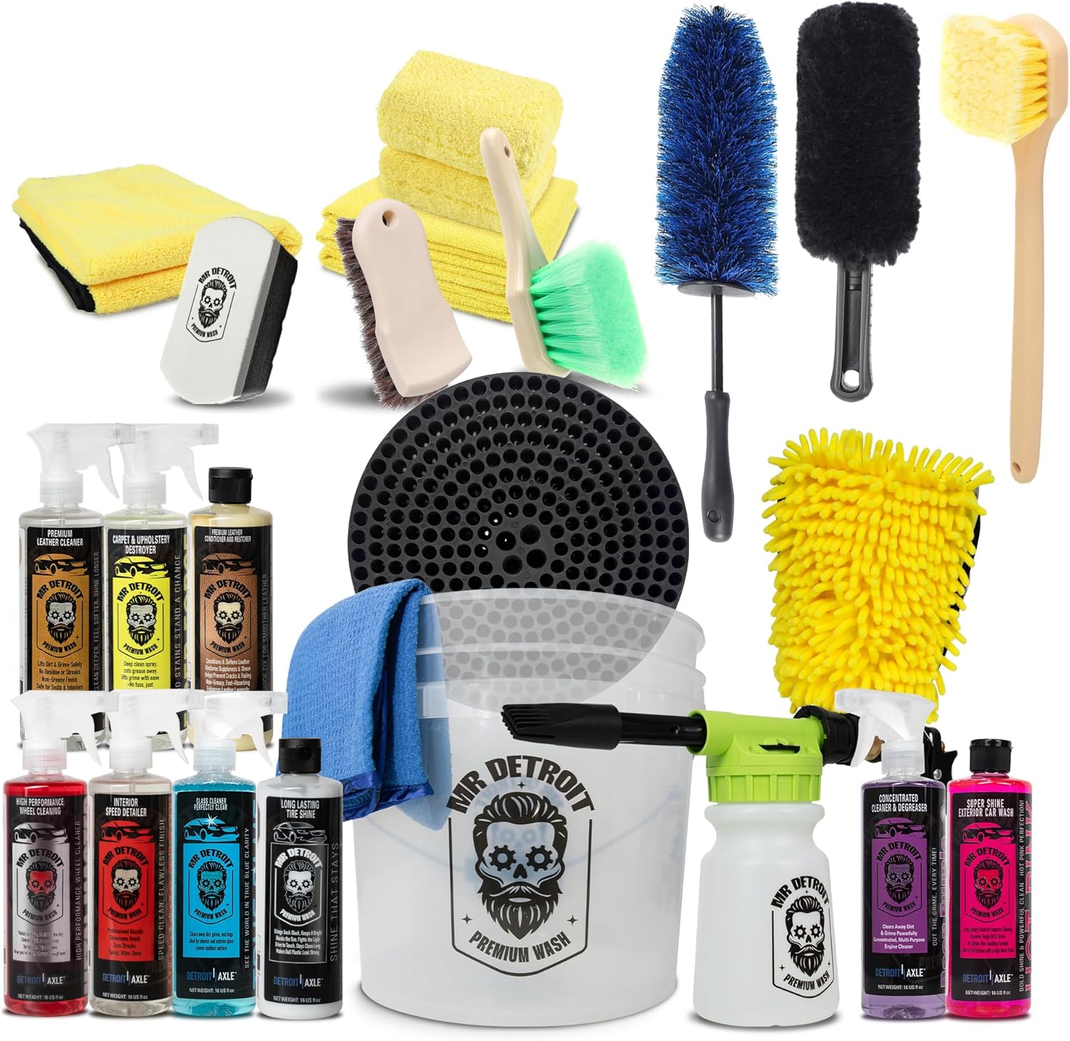 Mr. Detroit - 23pc Car Wash Kit with Foam Blaster, Bucket & Filter, Car Care Cleaners, Towels, Wash Glove, Brushes, Leather Conditioner, Sponge Pads, Exterior and Interior Detailing for Vehicles