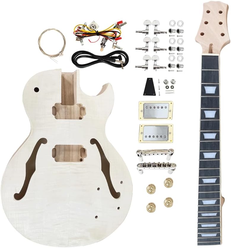 DIY Single Cut Electric Guitar Kits with Mahogany Body and Neck - Rosewood Fingerboard LP Hollow Beginner Kit All Components Included Build Your Own Guitar