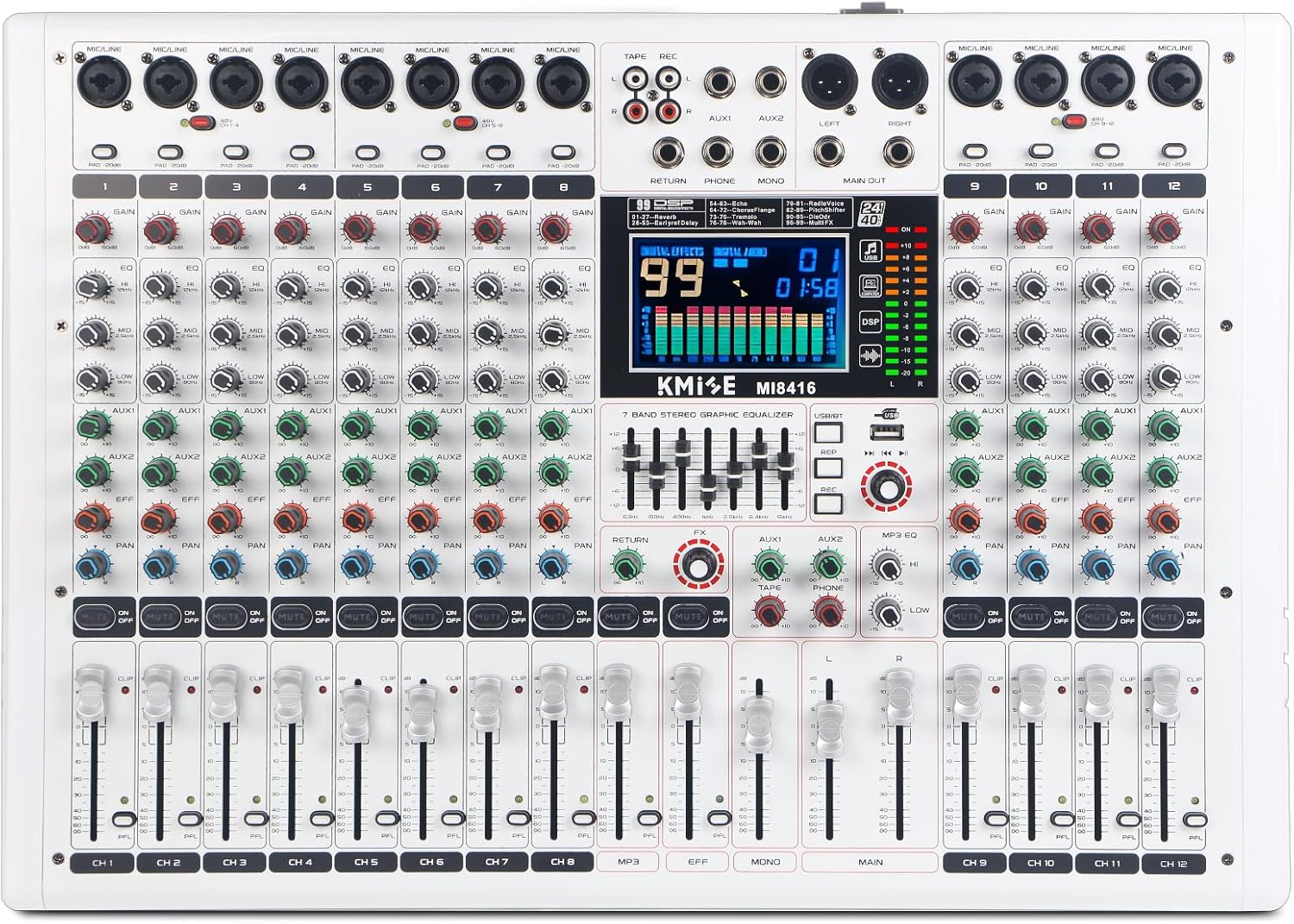 Audio Mixer 12 Channel Digital Audio Pro-Series Sound Board Console System Interface with DJ Mixer Board Capabilities, 7 Band EQ, LED Display 48V and Sound BT Mixer USB/SD/FM/WMA Output