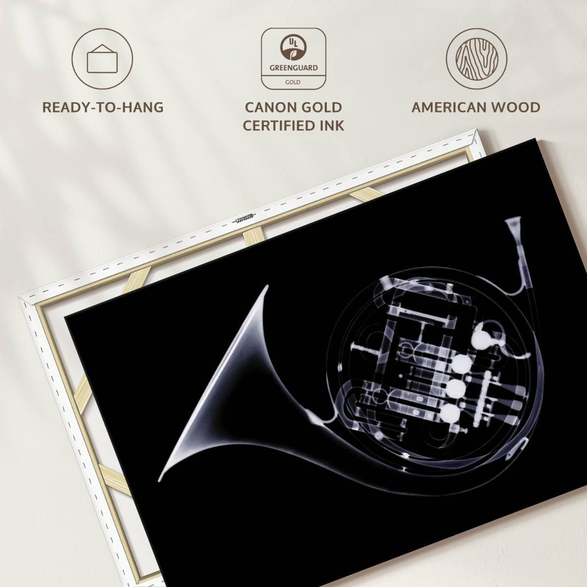 ElephantStock - French Horn X-ray Wall Art - Horizontal Canvas Wall Art - Living Room Wall Decor - Photography Music Canvas Art - Black And Gray Decor - 51