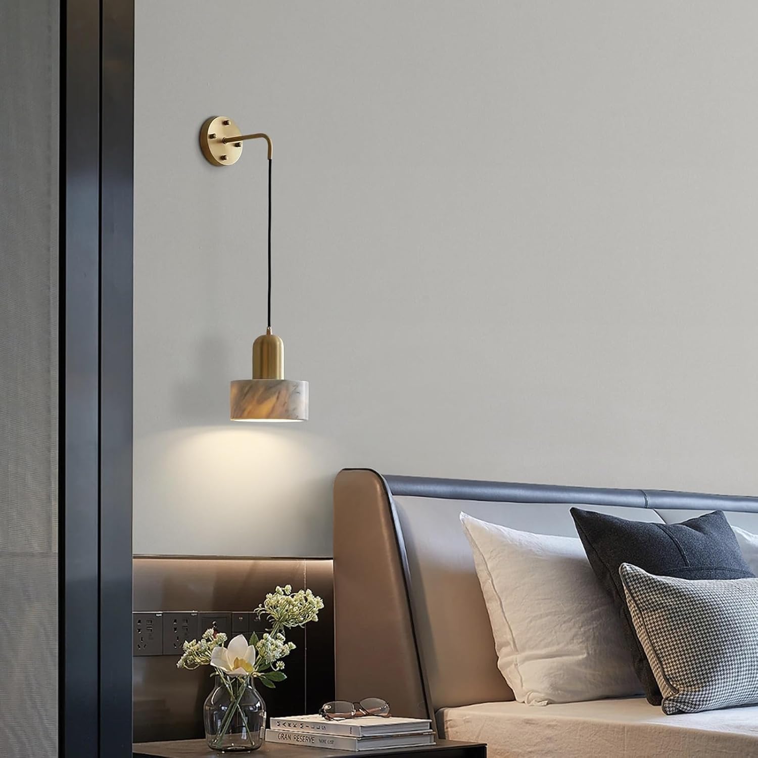 Natural Marble Wall Sconce, Mid-Century Wall Mount Lamp with Stone Shade, Metal Base Indoor Wall Lights, Hardwired Adjustable Height Wall Lamp for Bedroom Bedside Living Room(White)