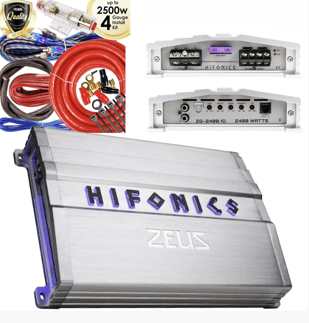 Hifonics Zeus ZG-2400.1D 2400W Mono Class D Subwoofer Amplifier + Audiobank 4 Gauge 2500W Car Amplifier Installation Wiring Kit Red