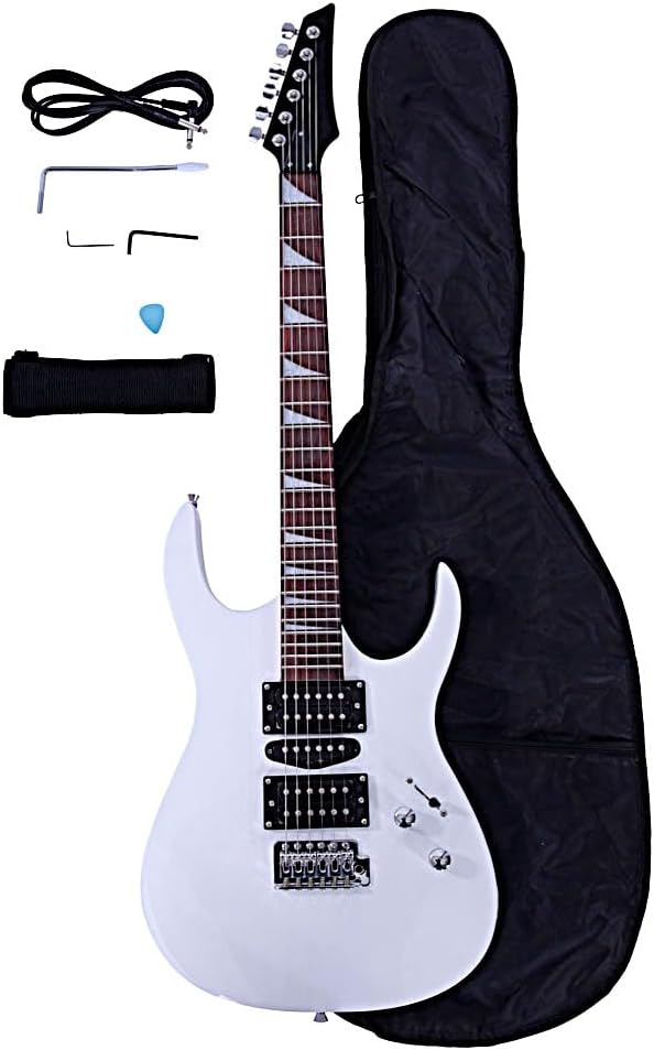 Dorill Full-Size Electric Guitar Package, White, 24-Fret Rosewood Fretboard, Maple Neck, Tremolo Bridge, with Gig Bag, Strap, Cable, Pick, Whammy Bar