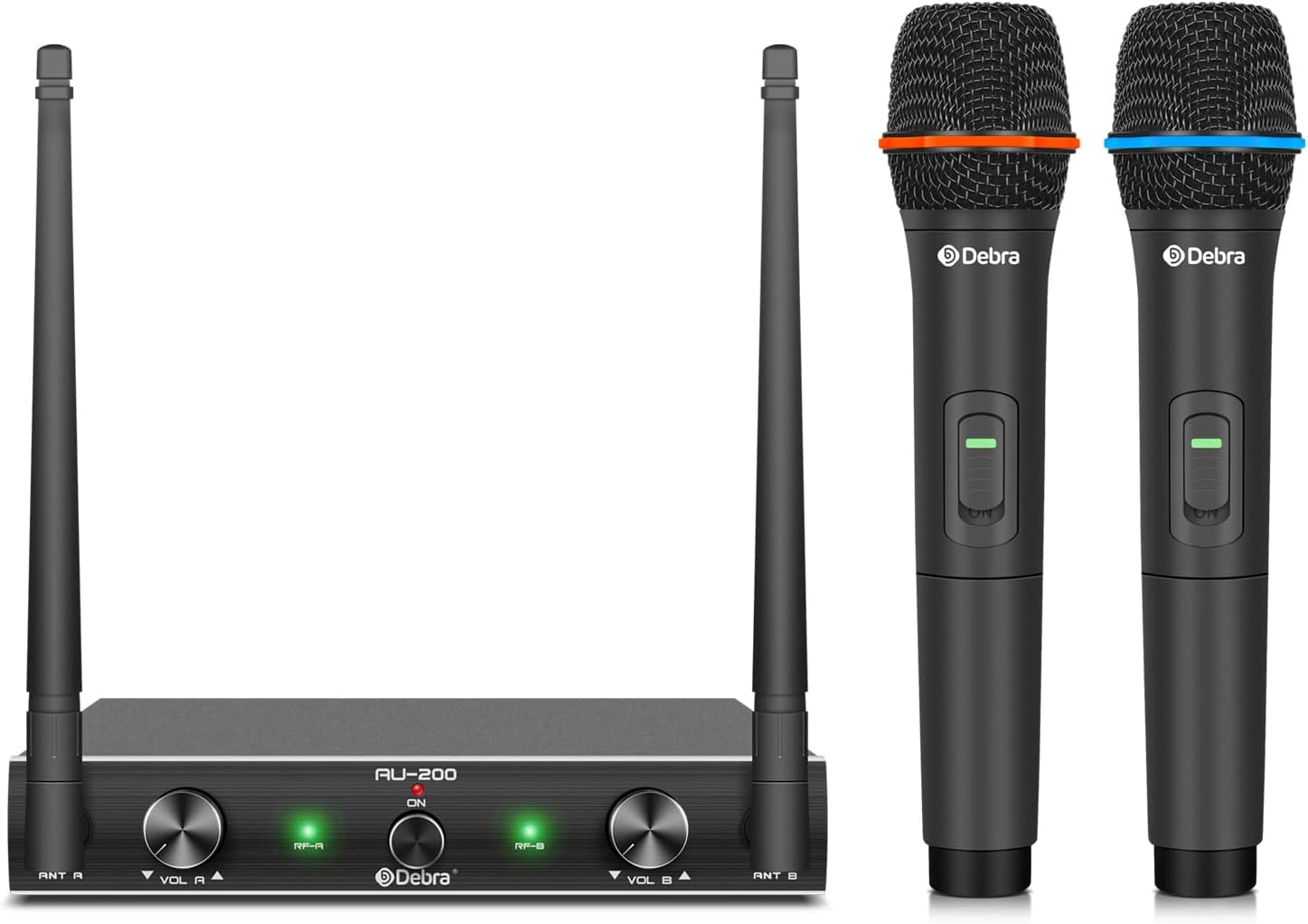 D Debra Audio AU200 Pro UHF 2 Channel Wireless Microphone System with Cordless Handheld Lavalier Headset Mics, Metal Receiver, for Karaoke Church Party (2 Handheld)