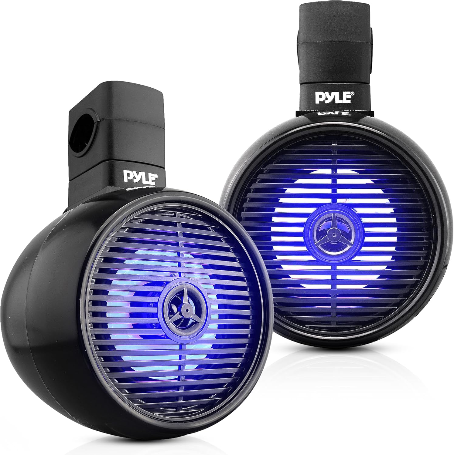 Pyle Bluetooth Waterproof Off-Road Speakers - 8” 300W 2-Way Marine Wakeboard Tower Sound System w/LED Light, Full Range Outdoor Stereo Speaker for Car ATV UTV, Jeep, Boat, Includes Brackets (Black)