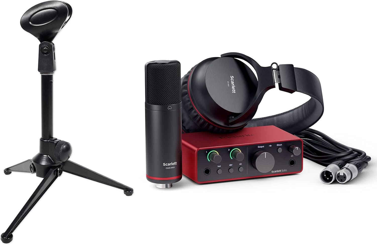 Audiosavings Bundle:(1) Rockville RDTS Studio Desktop Tripod Microphone Stand+Mic Clip Bundle with (1) Focusrite Scarlett Solo Studio 4th Gen Recording Interface+Mic+Pop Filter+Cable (Items 2)
