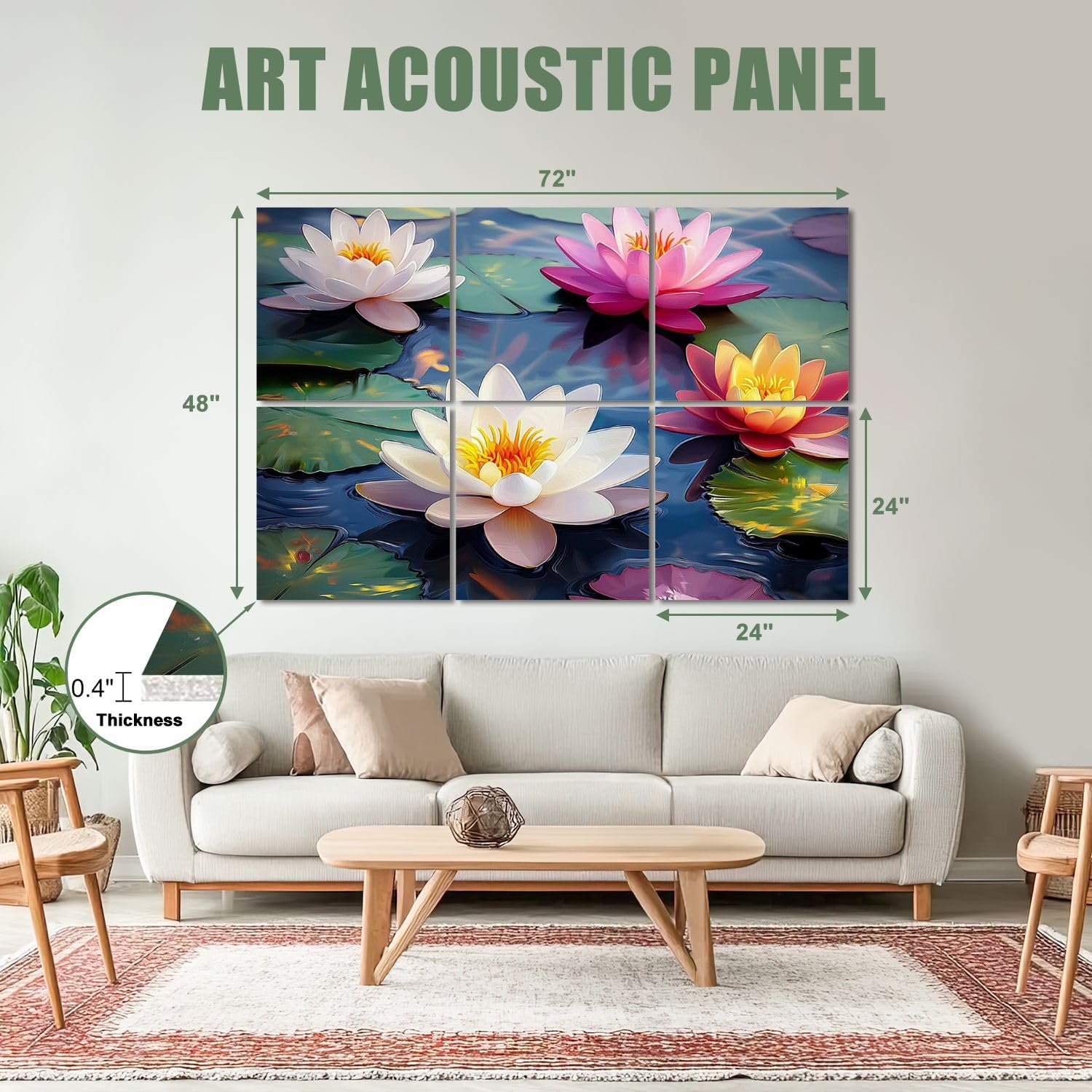 6 Pack Art Acoustic Panels Sound Absorbing Watercolor Lotus Blooming Flower Zen Decor Water Lilies Leaves Decorative Soundproof Wall Panels Self Adhesive for Recording Studios Office 72