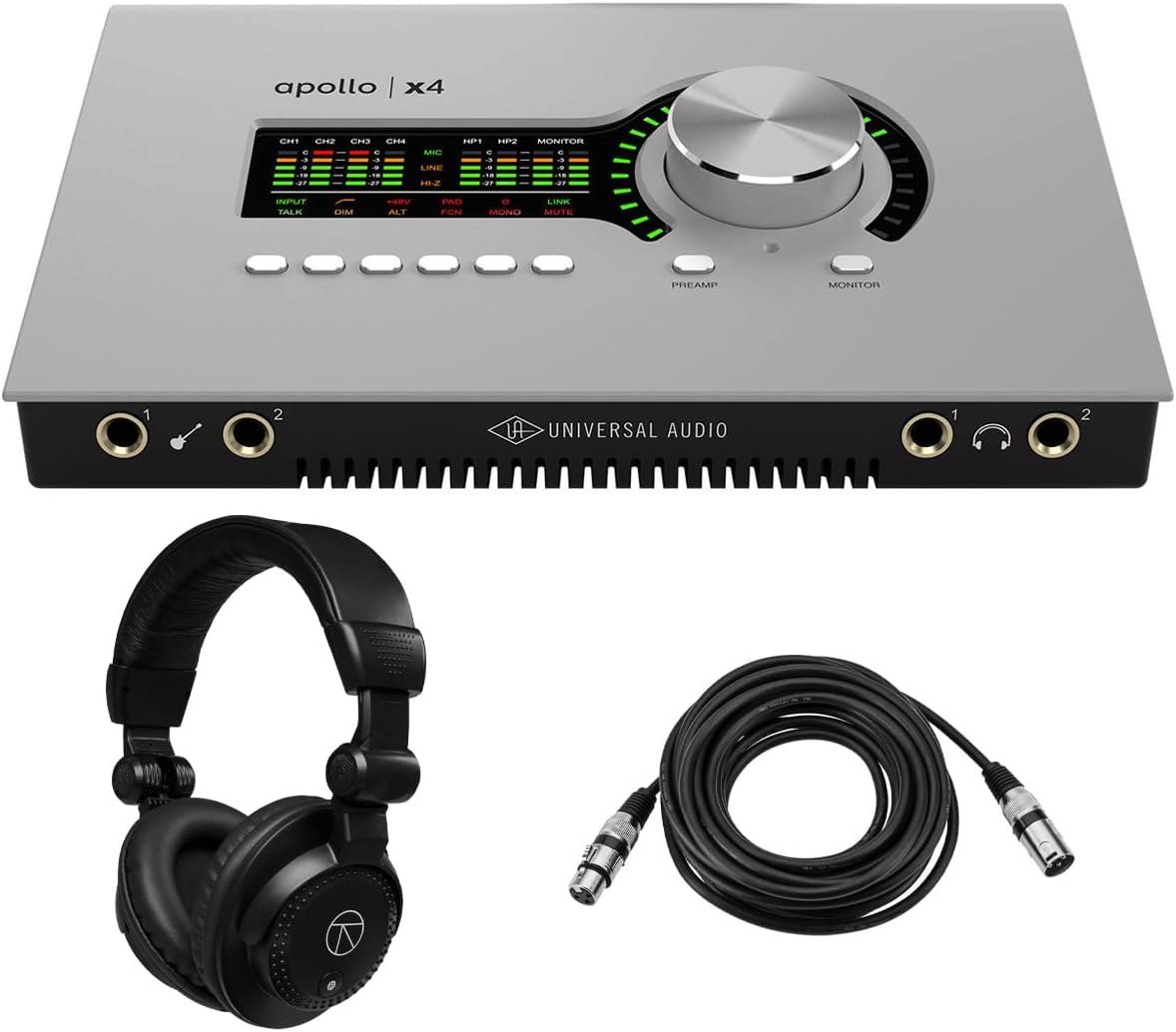 Universal Audio Apollo x4 Gen 2 Thunderbolt 3 Audio Interface with Essentials+ Plug-Ins, Bundle with TAPH100 Headphones and 25' XLR M to F Microphone Cable