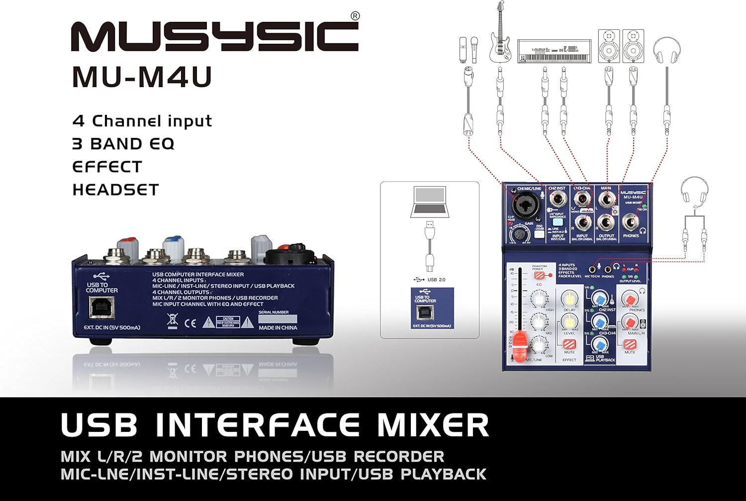 MUSYSIC Professional 4-Channel Digital Mixer with USB Audio Interface for Studio, Webcast, Podcast, Phantom Power with Stereo DJ Studio Streaming - MU-M4KIT