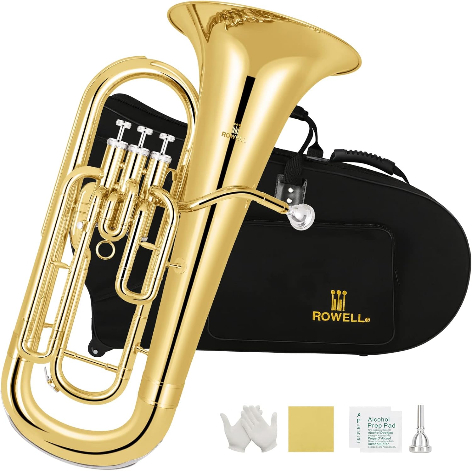 ROWELL Euphonium 3 Valves Bb Brass Lacquer Gold 3 Stainless Steel Pistons Student Euphonium Beginners Intermediate Euphoniums with Case Gloves and Polishing Cloth