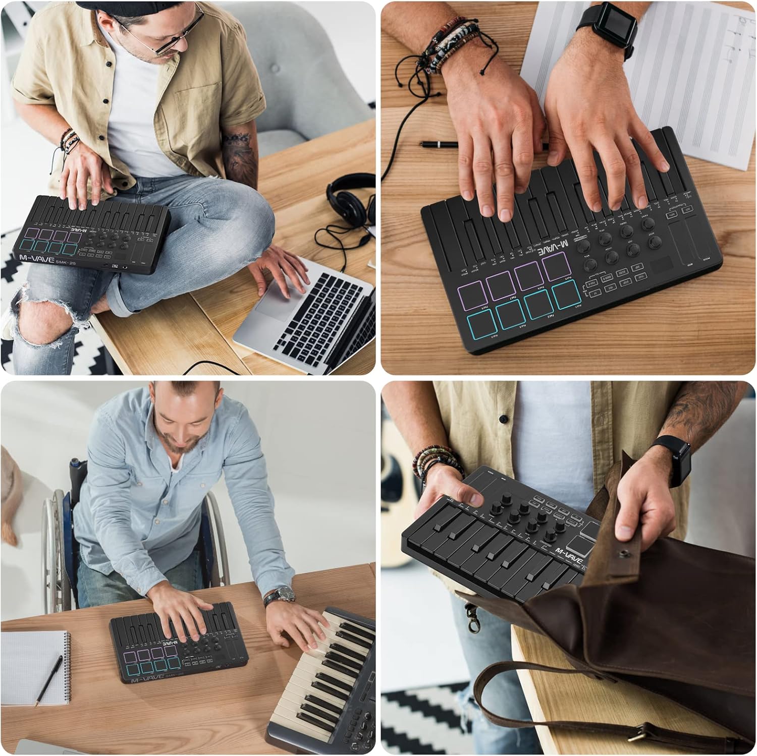 M-VAVE 25 Key USB MIDI Keyboard Controller With 8 Backlit Drum Pads, Bluetooth Semi Weighted Professional dynamic keybed 8 Knobs and Music Production,Software Included (Black)