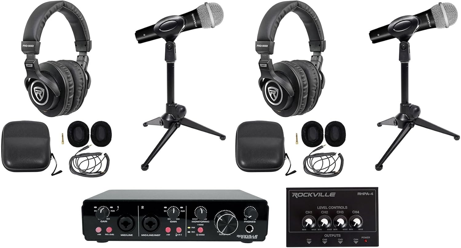 Rockville R-TRACK 2x2 Bundle: USB recording interface 24 Bit 192 kHz, (2) RMC-XLR dynamic handheld wired mic, (2) PRO-M50 headphones, (2) RDTS mic stands, RHPA4 amp, 3 ft TRS cable, 9-items