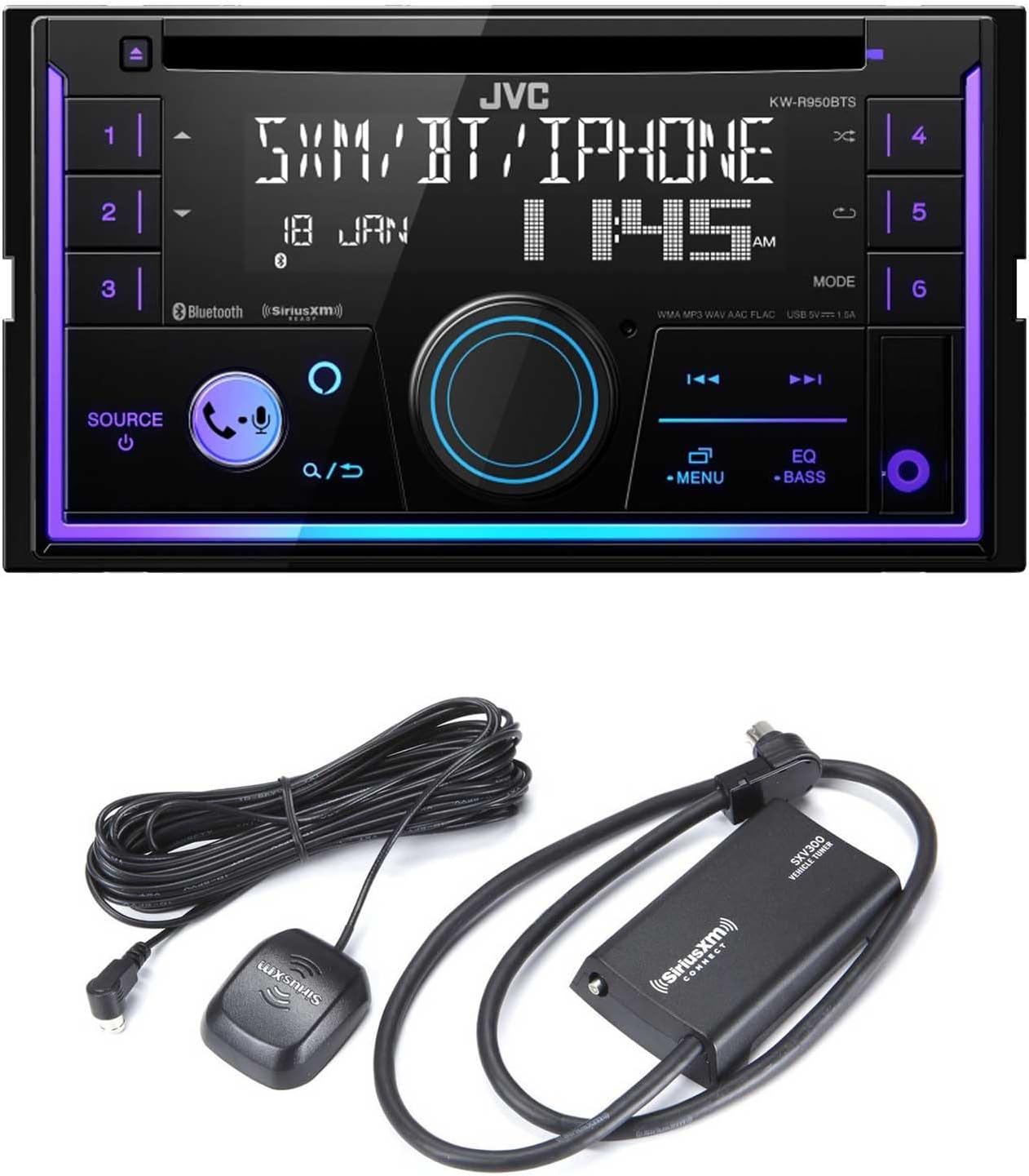 JVC KW-R950BTS 2-DIN CD Receiver BT/USB/Sirius XM/Amazon Alexa/13-Band EQ/Variable-Color Illumination with SXV300v1 Satellite Radio Tuner