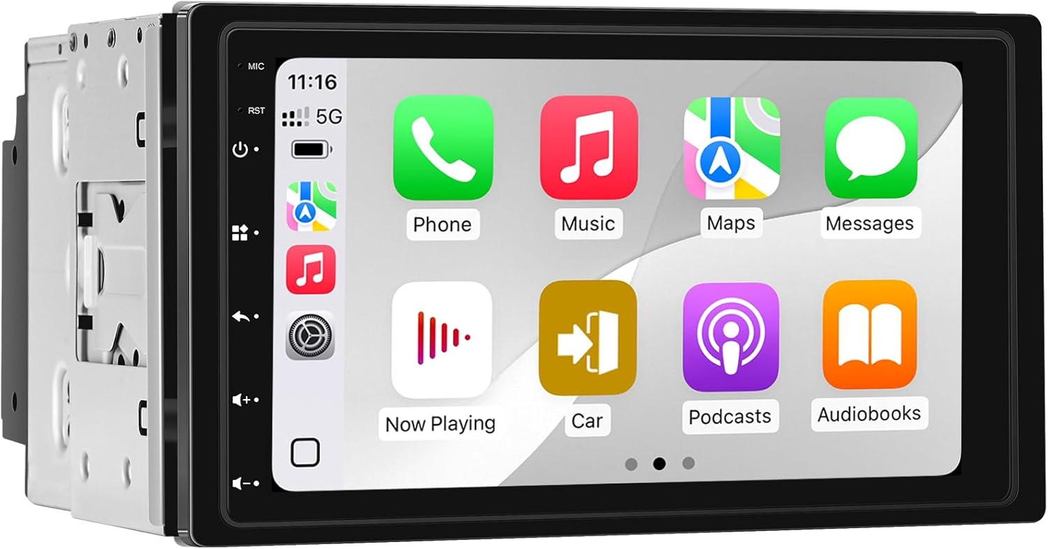 7 Inch Double Din Car Stereo with Wireless CarPlay & Android Auto IPS Touchscreen | AHD Backup Camera | FM/AM Tuner | MirrorLink | GPS Navigation | Car Audio Receiver (7-Inhc-Double-Din)