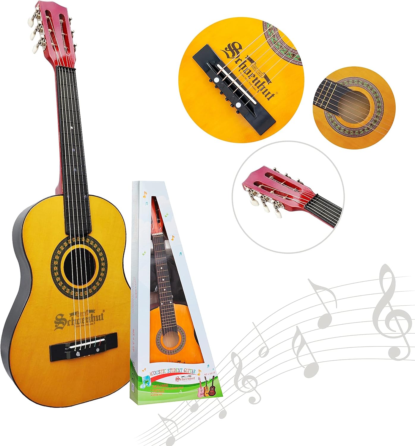 Schoenhut Acoustic Guitar - 30'' Beginner Guitar - Acoustic Guitars Set with Strings, Pick and Carrying Case - Learn to Play 6 String Guitar - Beginner Acoustic Guitar for Kids