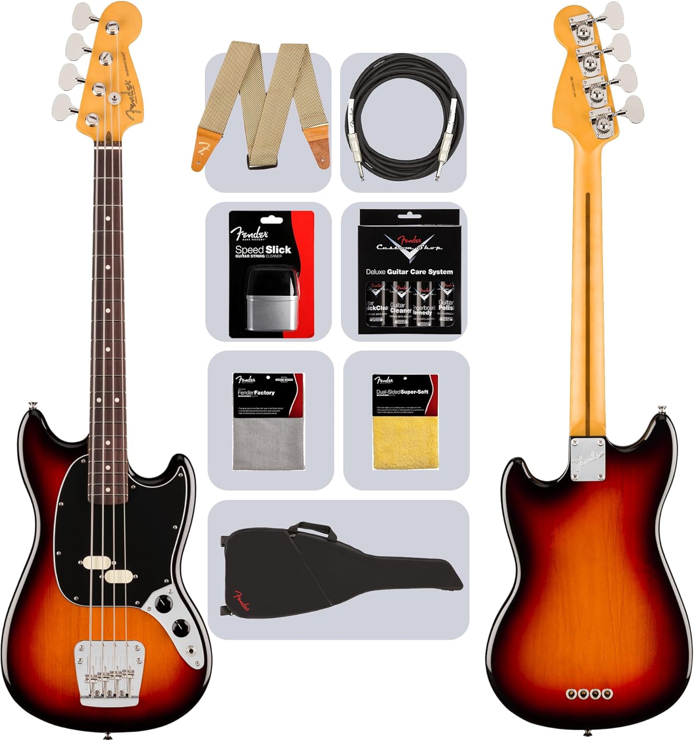 Fender American Professional Classic Mustang Bass - 3-Color Sunburst Bundle with Gig Bag, Strap, Cable, and Guitar Cleaning Kit