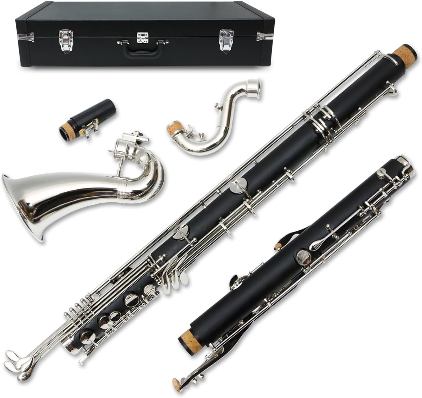 Professional Bass Clarinet Low C Bb Key Clarinet with Case Nickel Plated keys Advance Easy blowing (Low C)