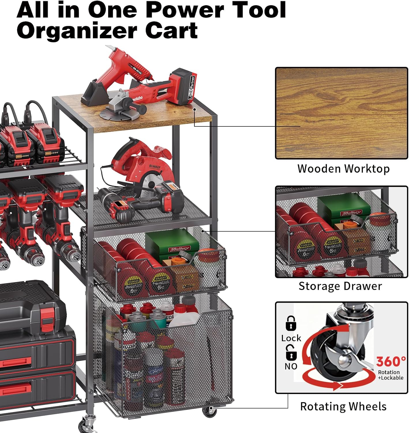 Large Power Tool Organizer Cart with Charging Station, 8 Slots for Cordless Drill Holder with Drawers, Rolling Storage Cart with 8 Power Outlet Heavy Duty Garage Organizer with Wheels for Men