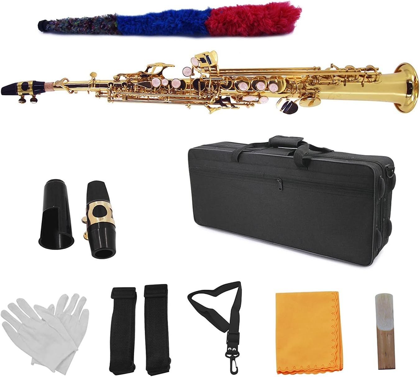 Straight Bb Soprano Saxophone Brass Lacquered Gold Woodwind Instrument with Carrying Case Reed Cleaning Brush Cloth Student Saxophone
