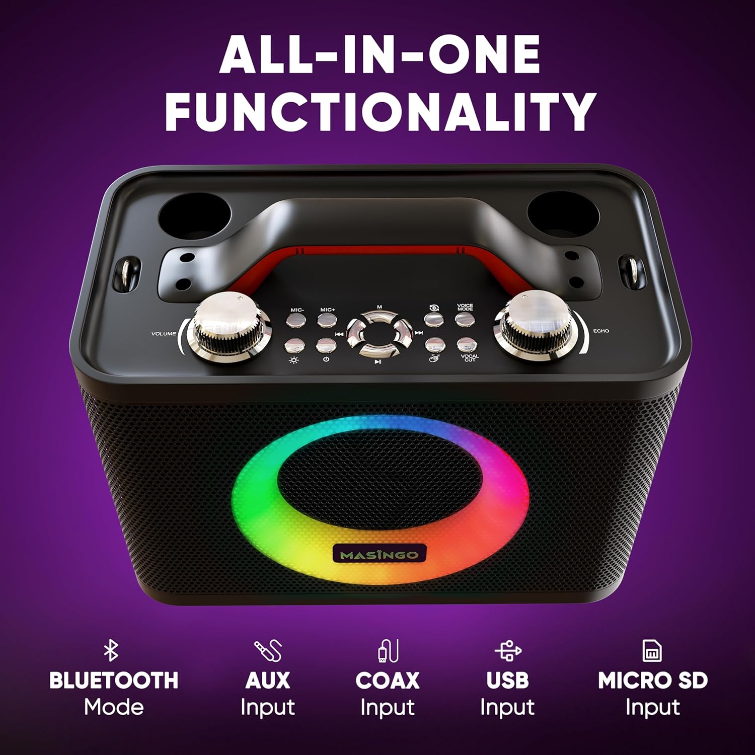 MASINGO New Karaoke Machine for Adults and Kids with 2 Wireless Microphones, Portable Bluetooth Singing Speaker, Colorful LED Lights, PA System, and TV Cable. Sonoro G5 (Black)