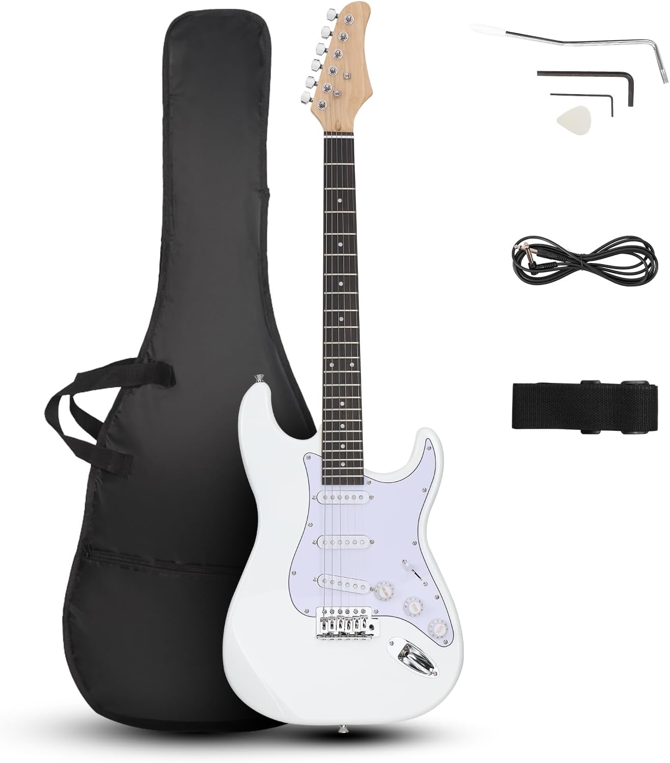 Ktaxon 39 Inch Electric Guitar, Full-Size Beginner Solid Body Electric Guitar Kit with Gig Bag, Strap, Tremolo Bar, Cable & Picks (White)