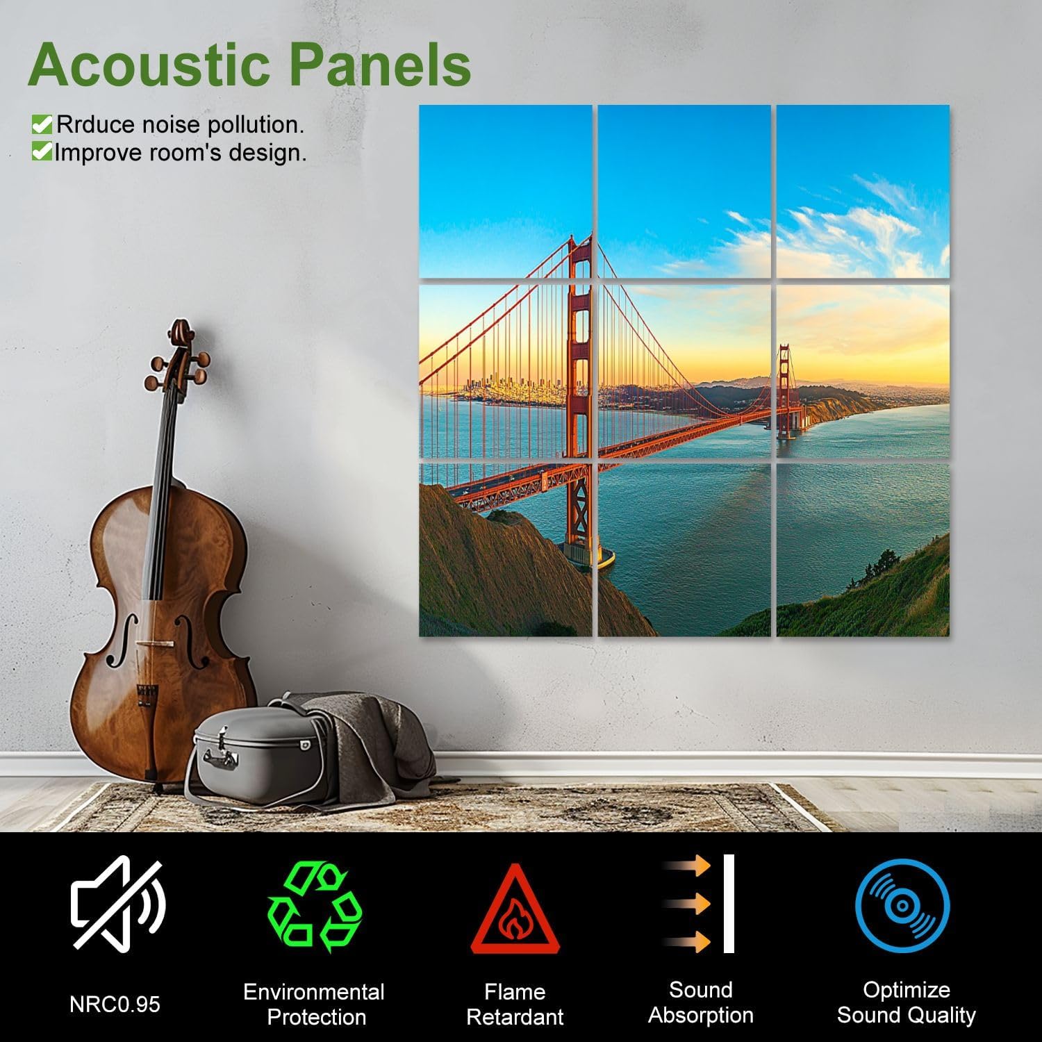 Art Acoustic Panels Self Adhesive bridge San Francisco 9 Packs Decorative Soundproof Wall Panels Large Sound Absorbing Panels for Home Office 60