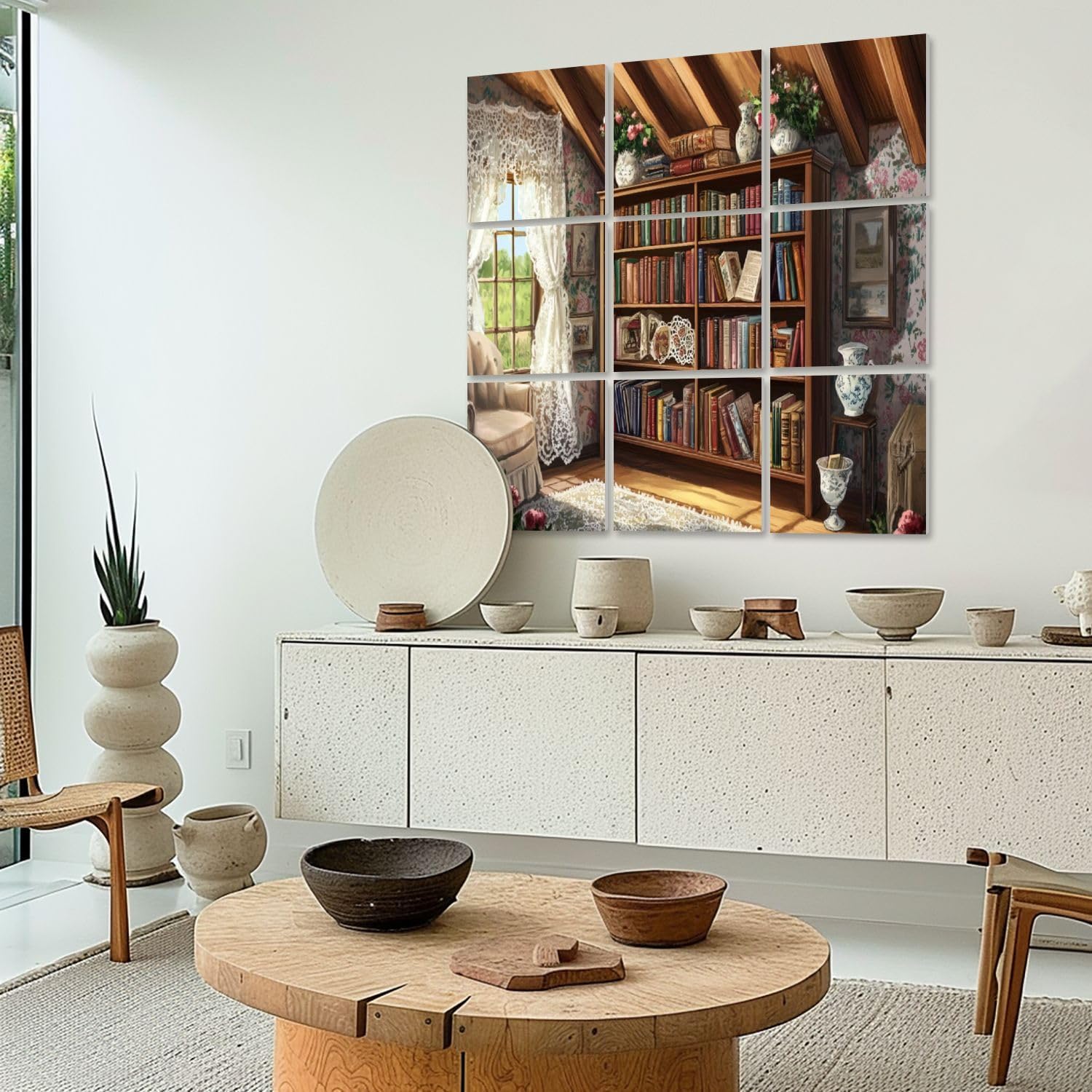 Art Acoustic Panels Self Adhesive Liry Bookshelf Charming Cottage Antique Vases Doilies 9 Packs Decorative Soundproof Wall Panels Large Sound Absorbing Panels for Home Office 60