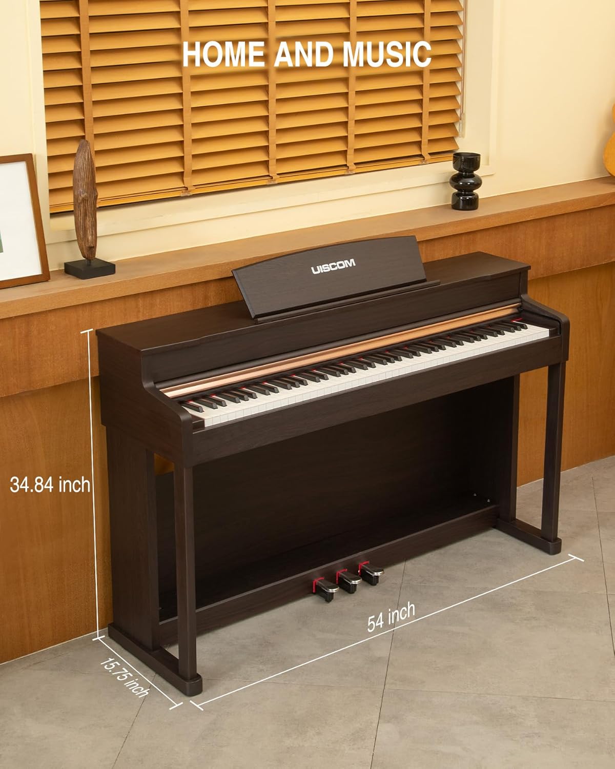 UMP-200 88 Key Weighted Action Digital Piano - with Furniture Cabinet Stand, Power Adapter，Triple Pedals，MP3 Function - Rosewood Vintage Style for Home Decoration