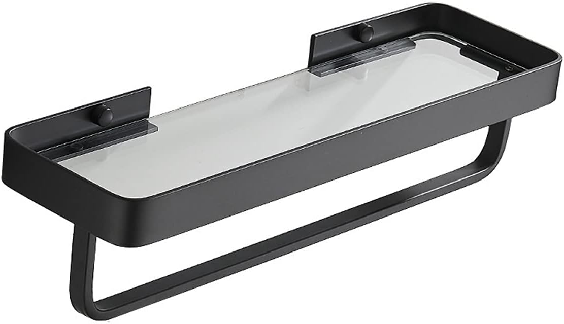 Shower Shelves Bathroom Shower Shelf, with Bar Black Glass Shelf, Wall Mounted Storage Holder Bathing Accessories (Color : 50cm Black)