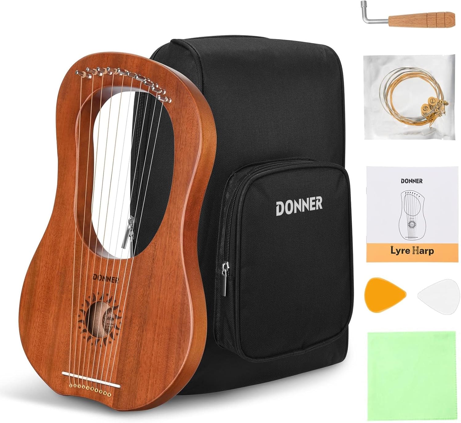 Donner Lyre Harp, 10 Metal Strings, Mahogany Body and Bone Saddle DLH-002 Lyre Harp for Beginner Kids with Tuning Wrench, Spare String Set, Black Gig Bag, Manual, Ancient Greece Style