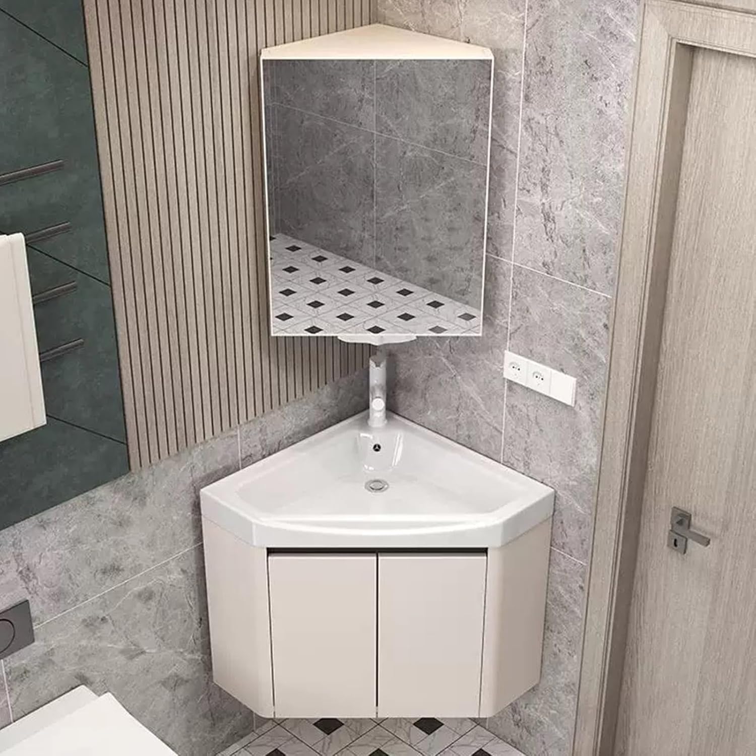 Bathroom Sink, Corner Bathroom Sink, Corner Wall Mount Bathroom Sink, Corner Ceramic Sink, Corner Bathroom Beige Vanity, Corner Balcony Sink with Storage Container(56cm/22in)