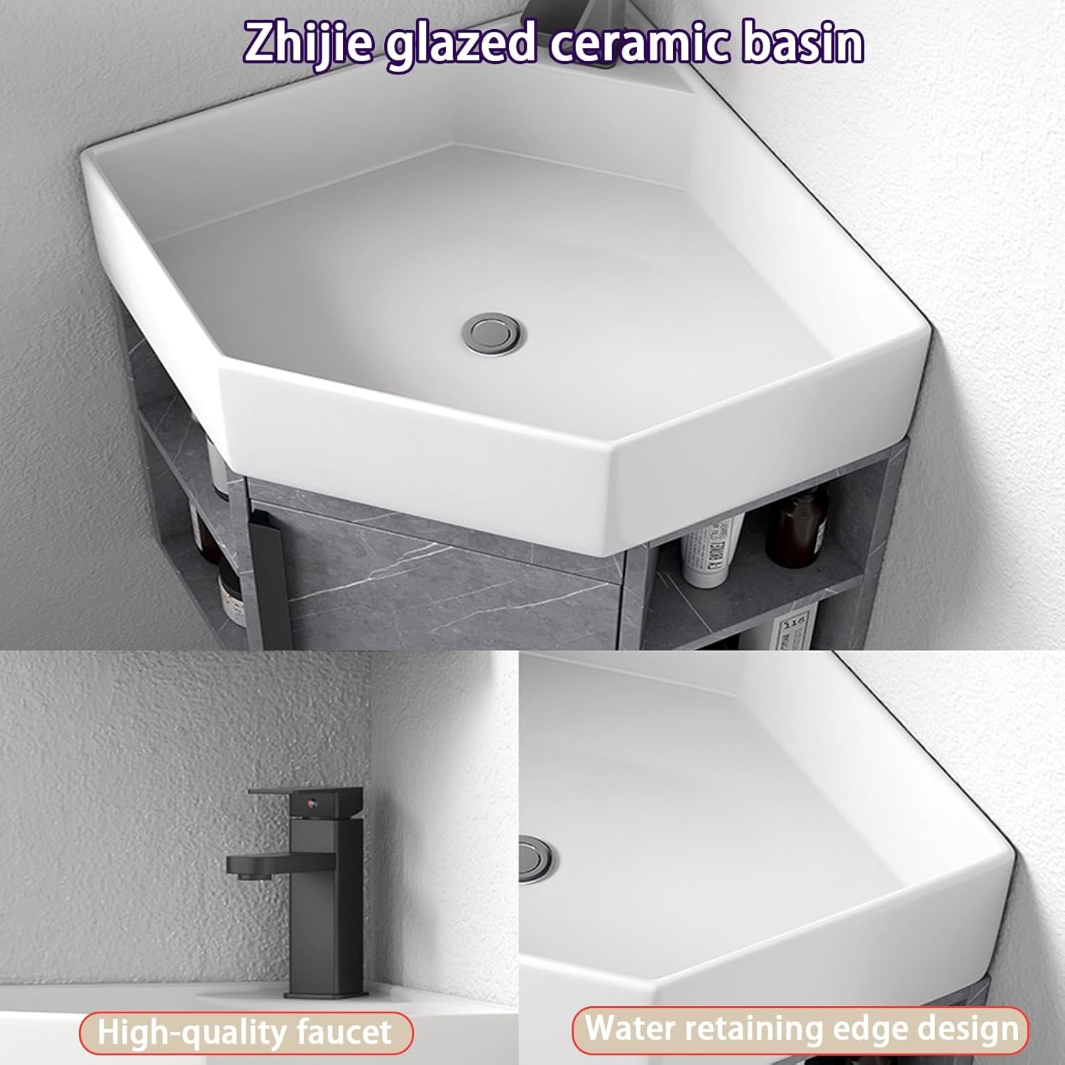 Corner Wall Mount Bathroom Sink, Corner Bathroom Vanity, Bathroom Sink Cabinets, Ceramic Corner Sink with Storage Container and Mirror Cabinet, for Kitchen Bathroom Lavatory(Gray,45cm/17.7in)
