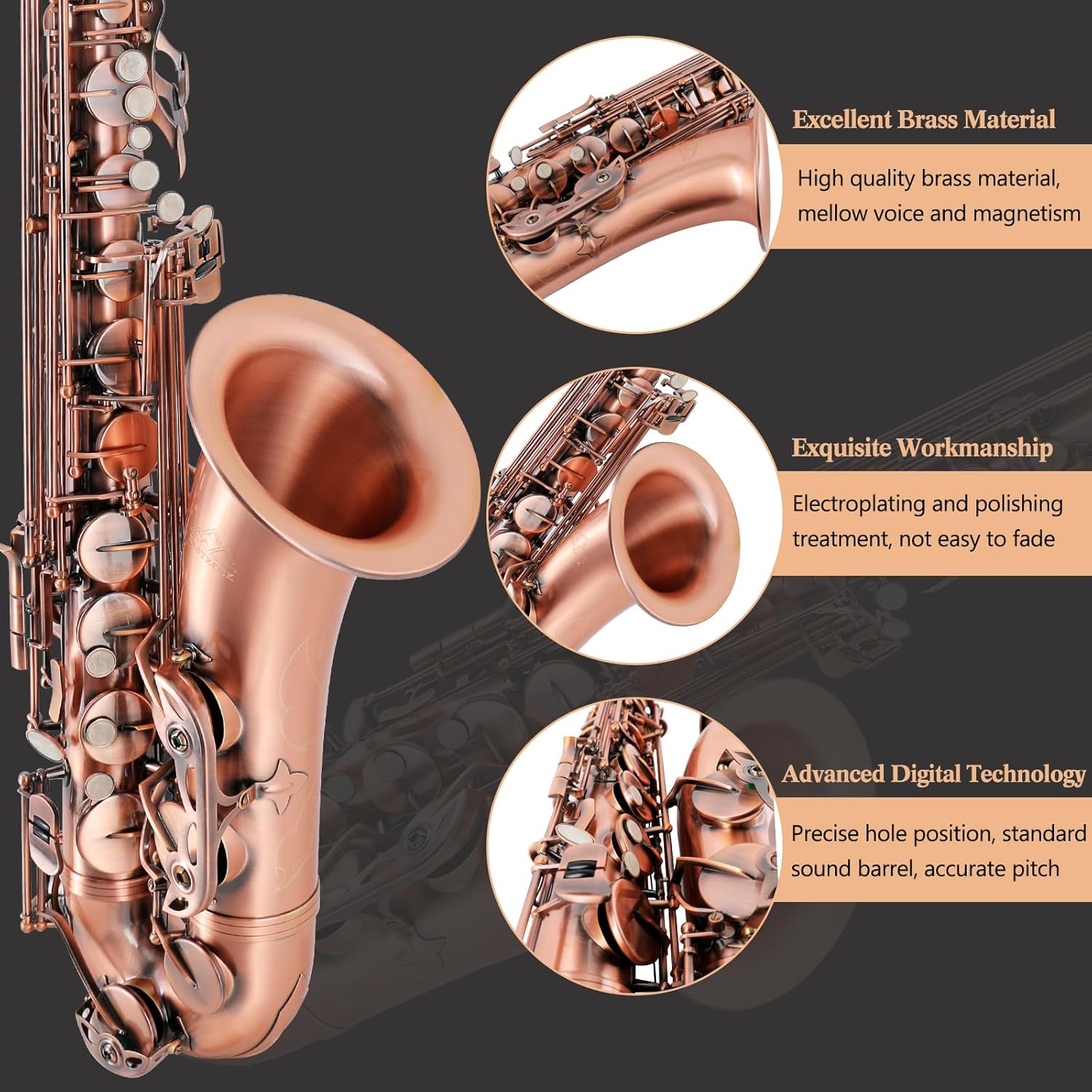 EASTROCK Tenor Saxophone Red Antique Copper B Flat Tenor Sax Professional Tenor Saxophone for Beginners Students and Musicians with Carrying Case,Mouthpiece,Reeds,Cleaning Kit,Neck Strap