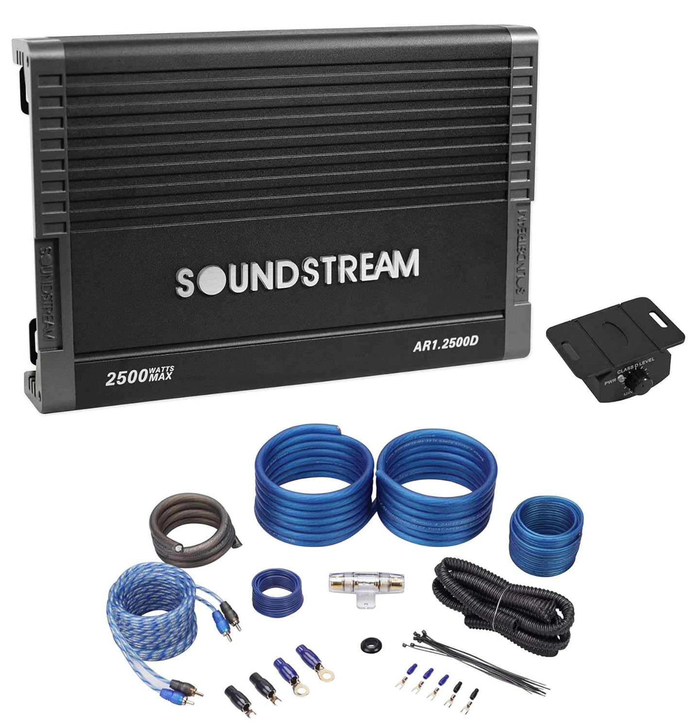 SOUNDSTREAM AR1.2500D Arachnid 2500w Peak/1250w RMS Mono Amplifier Car Audio Amp Bundle with Rockville RWK41 4 Gauge Complete Car Amp Wiring Installation Wire Kit with RCA's